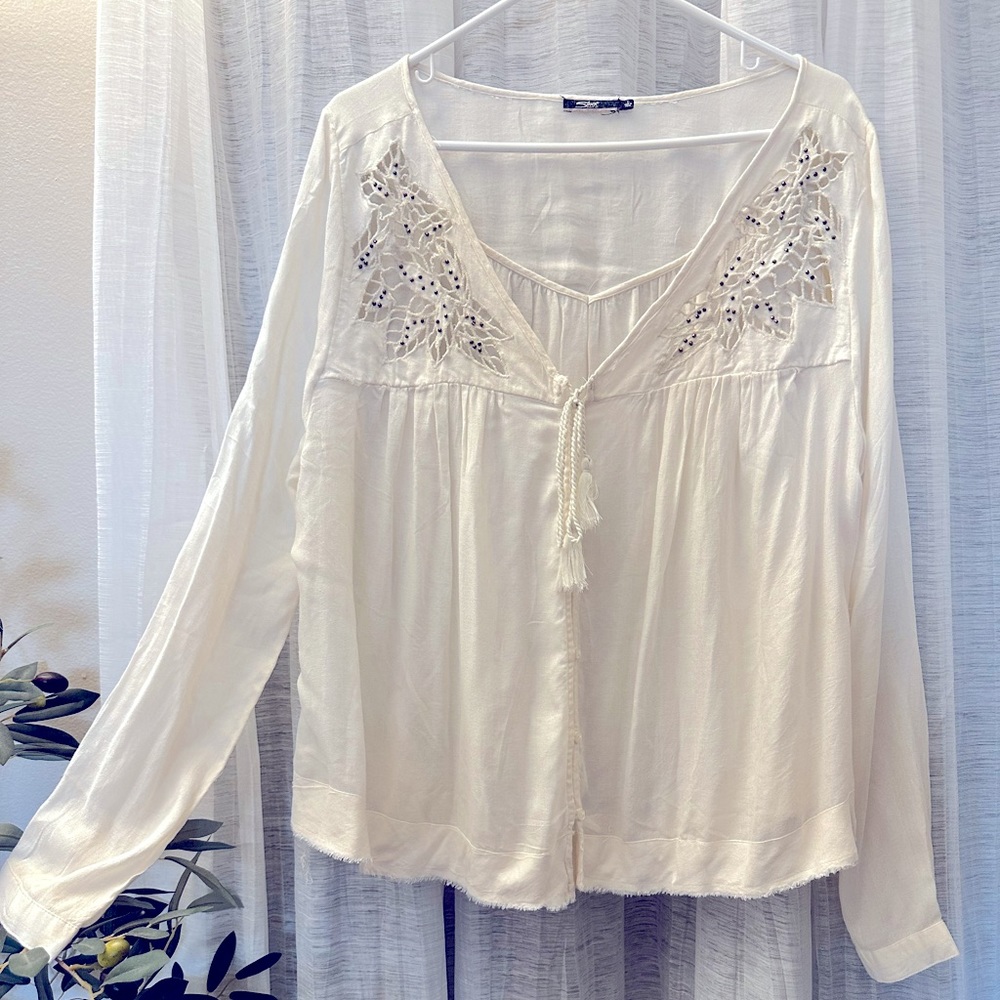 Silver Jean Long Sleeve Voile Blouse Off-White Size Large